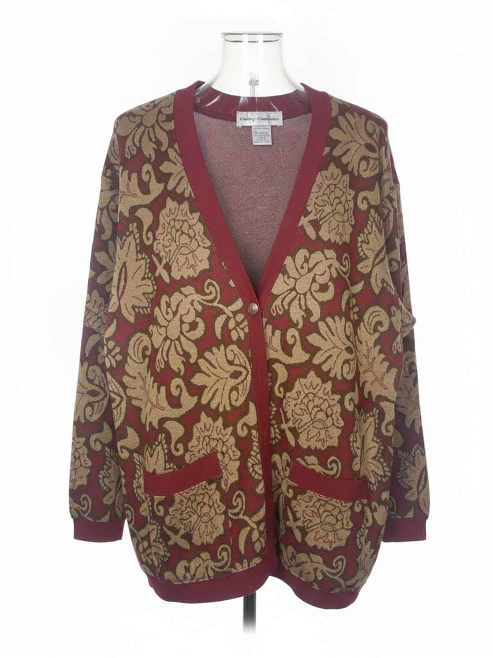 Vintage Cathy Daniels Baroque Botanical Cardigan Burgundy Taupe Knit Large